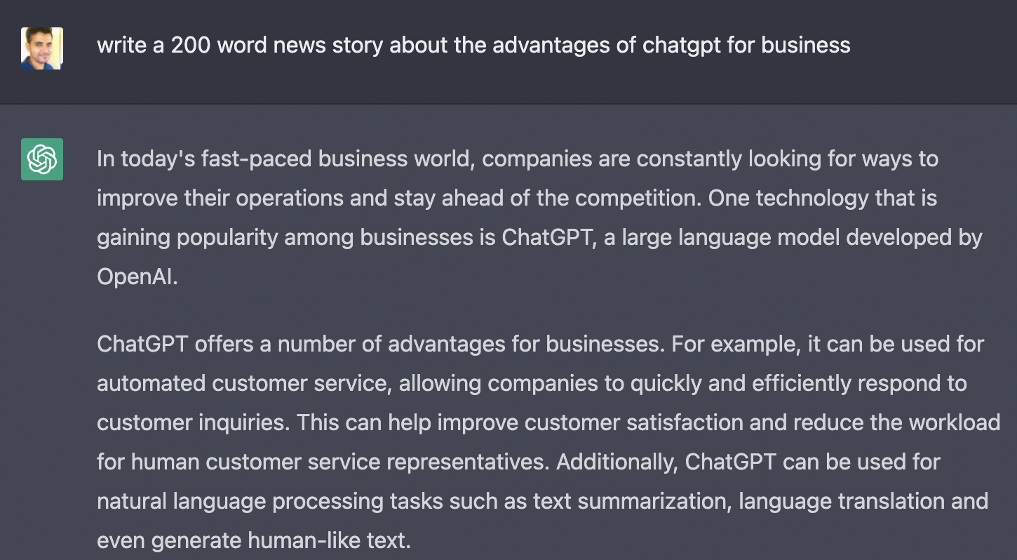 ChatGPT example prompt and response.