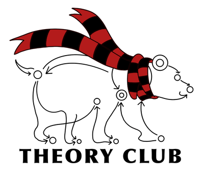A clip art bear whose outline is formed or a directed graph and is wearing a red/black scarf, text Theory Club beneath.